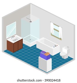 Vector isometry bathroom with shower, bathtud, toilet and washing machine