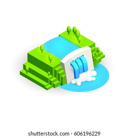 Vector isometry. Dam power plant. Alternative ecological energy