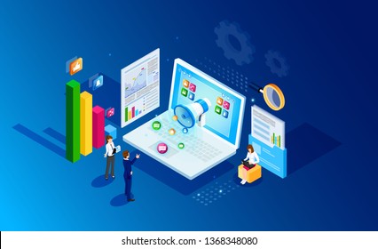 Vector isometry. Digital Marketing. Analytics, statistics, sales, trading. Landing template.