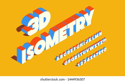 Vector Isometry Font 3d Bold Style For Infographics, Party Poster, Kids Book, T Shirt, Flier, Decoration, Card, Sale Banner, Printing On Fabric, Industrial. Cool Typeface. Trendy Alphabet. 10 Eps