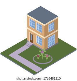 Vector isometry: image of a house of two floors with an adjacent territory. EPS10.