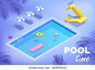 Vector Isometry. Summer Advertising Poster Template Or Pool Party Invitation. Hello Vacation. A Recreation Place For A Family With Children By The Water With A Circle And A Beach Ball. Country Club