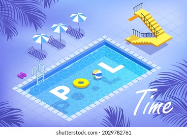 Vector isometry. Summer advertising poster template or pool party invitation. Hello vacation. Resting place for families with children by the water with a circle and a beach ball. Out of town club 