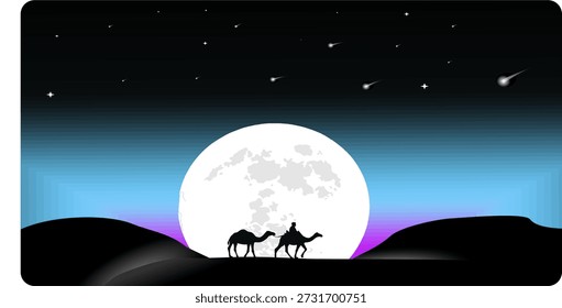 Vector isra' mi'raj Islamic background with moon in bright light.