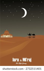 Vector isra' mi'raj Islamic background. Prophet Muhammad SAW's extraordinary journey in one night.