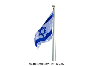 A vector of an Israel flag flapping in the wind isolated on white.
the flag is in white and blue colors with the star of David.
The flag is posted on a pole