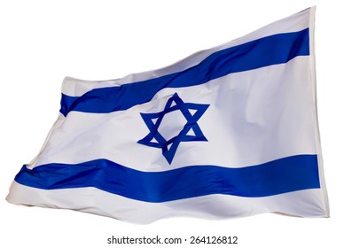A vector of an Israel flag flapping in the wind isolated on white.
the flag is in white and blue colors with the star of David.