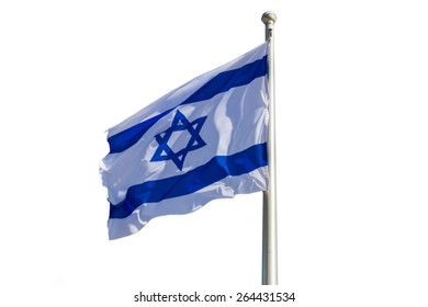 A vector of an Israel flag flapping in the wind isolated on white.
the flag is in white and blue colors with the star of David.
The flag is posted on a pole