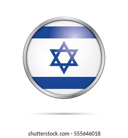 Flaggenknopf für VektorIsraeliten. Israel Flag Glas-Button Stil mit Metallrahmen.