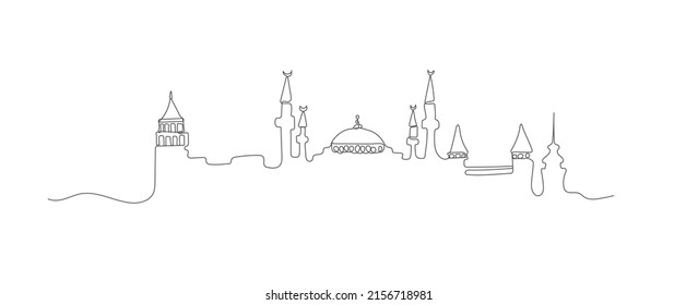 Vector Istanbul One Line Illustration, Single Continuous Line Drawn City Landmarks, Minimal Modern Style Illustration Isolated On White Background.