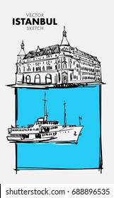 Vector ISTANBUL Sketch - Hand Drawn Haydarpasa Train Staion and Ferry