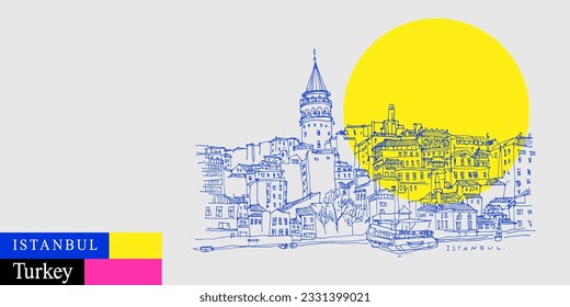 Vector Istanbul, Turkey postcard. Galata tower (Galata Kilesi) and Karakoy district, view from Bosphorus. Bright artistic travel sketch. Modern hand drawn touristic poster, banner illustration