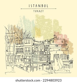 Vektor Istanbul, Türkei Postkarte. Handgezeichnete Reiseskizze von Wohngebäuden. Shopping Straße Freehand Zeichnung. Vintage touristische Postkarte oder Poster im Retro-Vintage-Stil