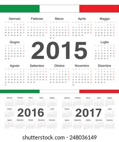 Vector Italian circle calendars 2015, 2016, 2017. Week starts from Monday.