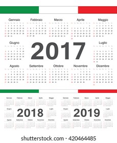Vector Italian circle calendars 2017, 2018, 2019. Week starts from Sunday.