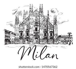 Vector Italian City Milan Central Square of Duomo Hand Drawn Ink Illustration