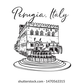 Vector Italian City Perugia Historical Centre Square With Fountain Hand Drawn Ink Sketch Illustration