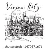 Vector Italian City Venice Central Square Cathedral San Marco Hand Drawn Ink Illustration