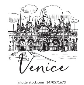 Vector Italian City Venice Central Square Cathedral San Marco Hand Drawn Ink Illustration