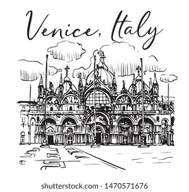 Vector Italian City Venice Central Square Cathedral San Marco Hand Drawn Ink Illustration