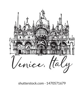 Vector Italian City Venice Central Square Cathedral San Marco Hand Drawn Ink Illustration