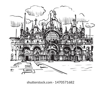 Vector Italian City Venice Central Square Cathedral San Marco Hand Drawn Ink Illustration