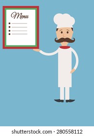 Vector Italian cook flat character with mustache and menu template