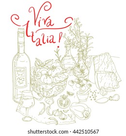vector italian cuisine elements. Hand drawn silhouette on green background. includes words Viva Italia. Vegetables and herbs, olives, tomatoes, garlic. Detailed, for restaurant menu or cards