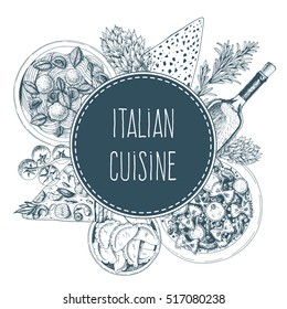 Vector italian cuisine illustration. Italian food frame illustration. Menu label with ravioli, farfalle, pizza and wine . Linear graphic