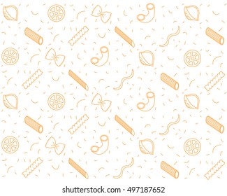 Vector Italian pasta pieces seamless pattern of Spaghetti, Penne, Conchiglie, Ravioli for food menu, recipe, cooking materials 
