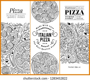 Vector Italian pizza banner set. Hand drawn retro illustrations. Italian Food design template. Can be use for menu, packaging, advertising for caffe, restaurant, pizzeria