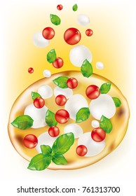 vector italian pizza on yellow background with tomatoes, mozzarella and basil leaf