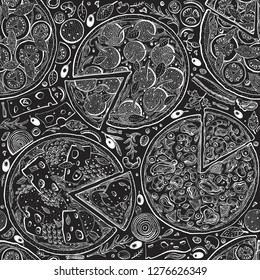 Vector Italian pizza seamless pattern. Hand drawn retro illustrations on chalk board. Italian Food design background. Can be use for menu, packaging, adversiting for caffe, restaurant, pizzeria