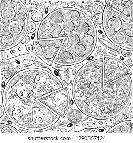 Vector Italian pizza seamless pattern. Hand drawn retro illustrations. Italian Food design background. Can be use for menu, packaging, adversiting for caffe, restaurant, pizzeria