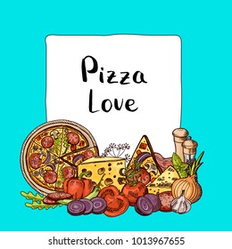 Vector italian pizza sketched elements pile below frame with place for text illustration