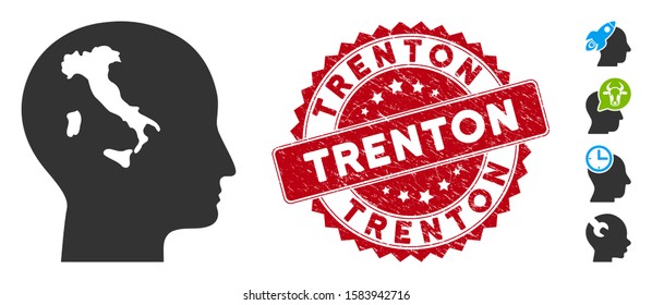 Vector italian thinking icon and grunge round stamp seal with Trenton text. Flat italian thinking icon is isolated on a white background. Trenton stamp uses red color and grunge design.