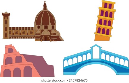 Vector italy Frienze, pisa Rome and Venice landmarks icons of places