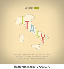 Vector italy map in vintage design. Italian border on grunge background. Letters are not cut and easy to move