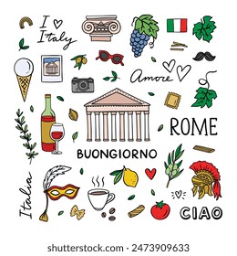 Vector Italia listo. Cute garabatos italianos sobre fondo blanco. Ilustraciones de Italia dibujadas a mano: arquitectura, comida, bandera italiana