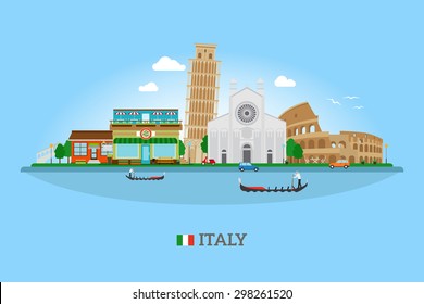 Vector Italy skyline with landmarks and Italy flag for tourism and travel banners