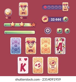 Vektorartikel-Set für Solitaire-Reisen Spiel 3. Knöpfe für das Item-Kit, Booster für die Benutzeroberfläche des Spiels