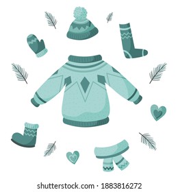 Vector items of clothing warm for autumn and winter. Designed for printing, postcards, stickers, textiles, fabrics and wrapping paper