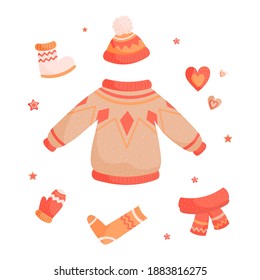 Vector items of clothing warm for autumn and winter.
Warmth, Christmas, comfort. For printing, postcards, stickers, textiles, fabrics and wrapping paper.