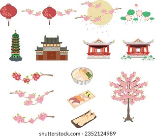 Vector items for decoration in Chinese and Japanese ancient building, lamp, flower, food.