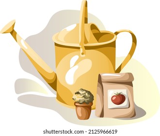 Vector items for gardening, agriculture. Watering can, seeds, gloves. Isolated vector illustration for poster, banner, cover.