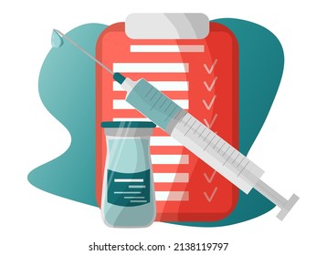 Vector items for vaccination against covid-19, coronavirus vaccines, vaccine development. Syringe, injection, medications, vitamins, list of tasks and fulfillment. Use advertising, banner, poster.