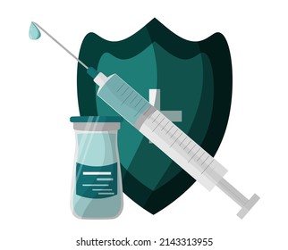 Vector items for vaccination against covid-19, coronavirus vaccines, vaccine development. Syringe, injection, medicines, vitamins, protective shield with a cross. Use advertising, banner, poster.
