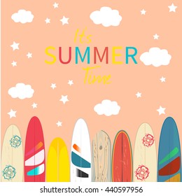 Vector it`s summer time poster background. Wind surfing boards, stars, clouds. Vector illustration