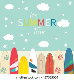 Vector it`s summer time poster background. Wind surfing boards, stars, clouds. Vector illustration