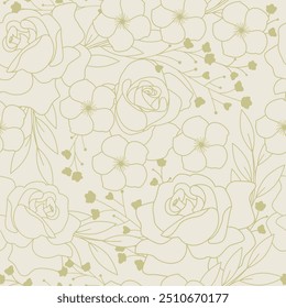 Vector Ivory and chartreuse floral seamless pattern. A delicate, feminine design including roses, vincas and babys breath flowers.This pattern is perfect for a fabric or wallpaper design. 